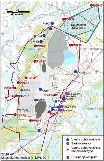 Kuva 9. Kuva Kittilän kaivosalueen velvoitetarkkailun pohjavesiputket ja talousvesikaivot. 11.3 Vaikutukset ilmanlaatuun Pölyn leviäminen kaivosalueella on satunnaista ja se riippuu sääoloista.