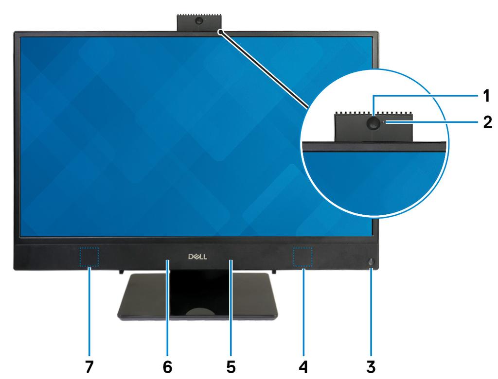 Inspiron 24-3480 -tietokone eri suunnista 3 Edessä 1 Sisäänvedettävä kamera Voit puhua videopuheluita, ottaa valokuvia ja kuvata videoita. Voit painaa kameran sisään yksityisyytesi suojaamiseksi.