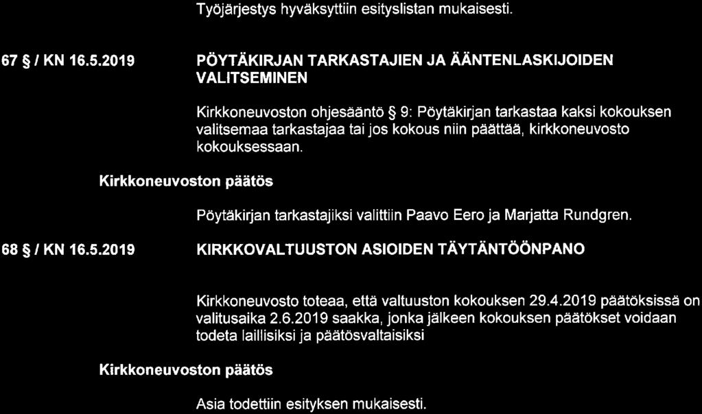 kokouksen esityslistana, ellei kirkkoneuvosto toisin päätä. Työjärjestys hyväksyttiin esityslistan mukaisesti. 67 /KN 16. 5.