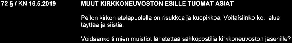 PELLON SEURAKUNTA KIRKKONEUVOSTO PÖYTÄKIRJA 5/2019 72 /KN 16.5.2019 MUUT KIRKKONEUVOSTON ESILLE TUOMAT ASIAT Pellon kirkon eteläpuolella on risukkoaja kuopikkoa. Voitaisiinko ko.