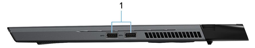 Alienware m15 R2 -tietokone eri suunnista Vasen 1 Kaapelilukkopaikka (kiilamainen) Suojakaapelin kytkemiselle tietokoneeseen luvattoman siirtämisen estämiseksi.