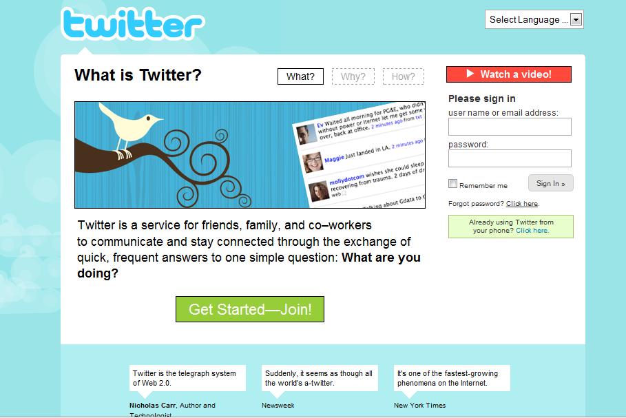 14 KUVA 2. Twitter-sivuston etusivu 2009. (Twitter 2009.) Twitter on yksityisesti rahoitettu palvelu joka sai alkunsa SoMA (South of Market) alueella San Franciscossa, Kaliforniassa.