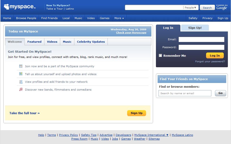 18 2.4 Myspace Myspace (kuva 4) on tällä hetkellä maailman toiseksi suosituin verkkoyhteisö Facebookin jälkeen.