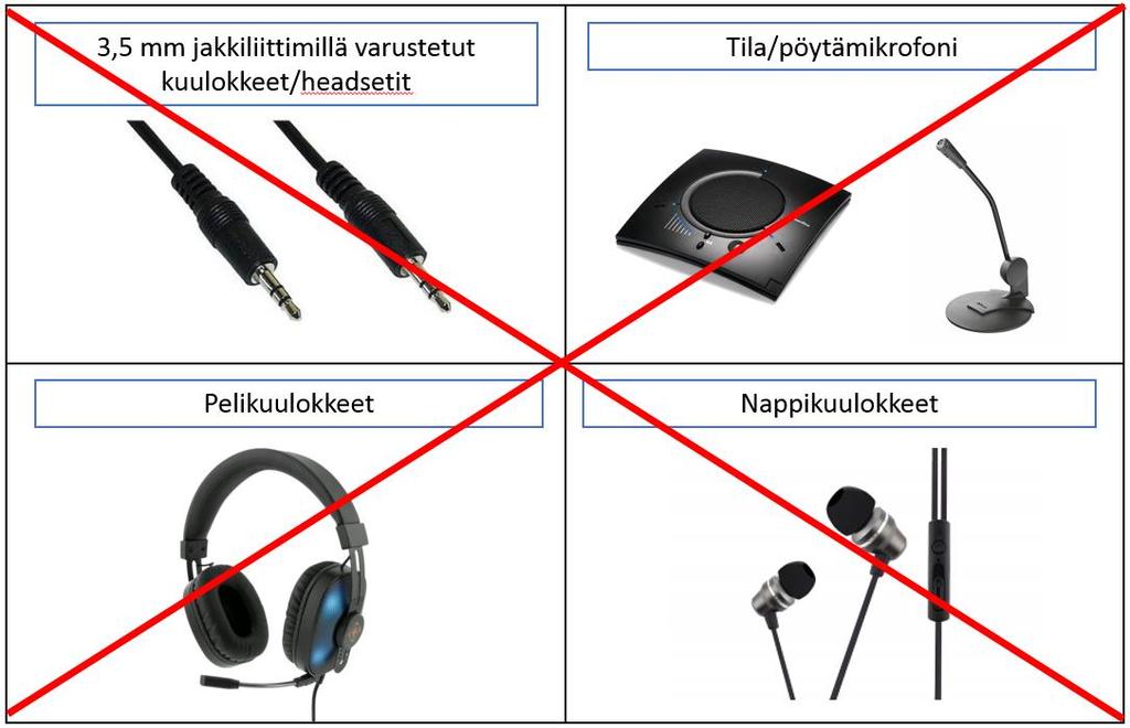 9 Älä käytä virtuaaliluokassa 3,5 mm jakkiliittimillä varustettuja kuulokkeita/headsettejä, tila/pöytämikrofonia, pelikuulokkeita tai nappikuulokkeita.