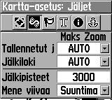 Pääsivut Kartta-asetus Jäljet -sivu Tallennetut jäljet määrittää zoomauksen enimmäisalueen, jolla tallennetut jäljet näkyvät kartassa.