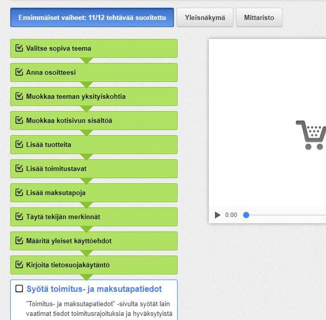 12 Kuva 8. Vilkkaan 12-osainen apuohjelma auttaa verkkokauppiasta kaupan perustamisessa. Tuotteiden lisääminen Vilkkaan verkkokauppaan ei kuitenkaan ollut vaikeaa.
