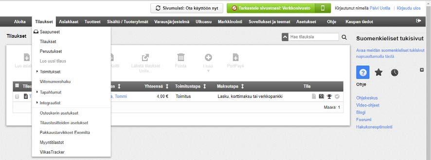 18 Kuva 11. Vilkkaan verkkokaupan kaikki asetukset, ominaisuudet ja sovellukset löytyvät navigaatiopalkista. 4.