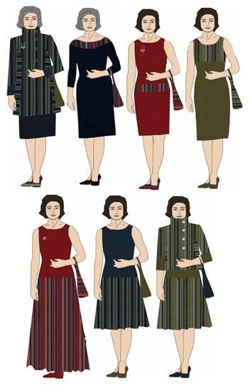 6 KAAVOITETTAVA MALLISTO Anna Kärkkäisen omassa opinnäytetyössään suunnittelemaan Wetterhoff Wintage -naisten vaatemallistoon kuuluu viisi mekkoa ja kaksi takkia.