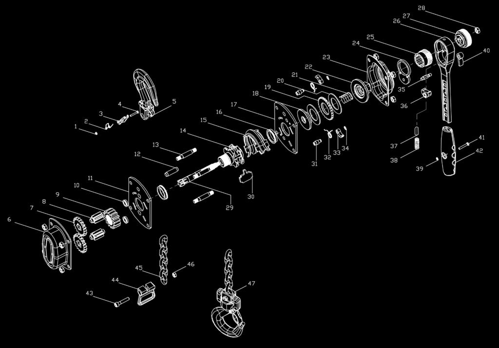 10. Sprängskiss, 250 / 500 kg 1.Selflock nut 17.Left side palte 33.Pawl 2.Latch 18.Brake base 34.Outside handle lever 3. Safety latch 19.Rathet disc 35.Pawl shaft 4.Hex bolt 20.Brake disc 36.Pawl 5.