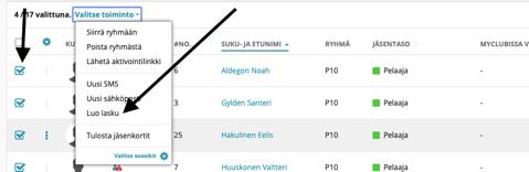 13 MYCLUB OHJEET 13 1.1.2. Uuden laskun luonti Jäsenet -osiossa. Hae laskutettavat pelaajat sopivalla hakuehdolla listaan.