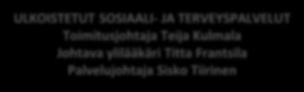 terveydenhuolto Vastaava hammaslääkäri Riitta Autio PV Merja Stier Dialyysi Erityistyöntekijät PV Rita Ruohomäki ULKOISTETUT SOSIAALI- JA TERVEYSPALVELUT Toimitusjohtaja Teija Kulmala Johtava
