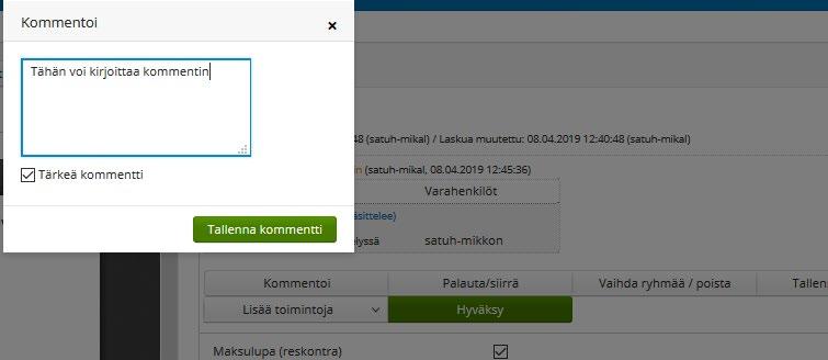 33(48) Tämän jälkeen avautuu ikkuna, johon kommentti kirjoitetaan. Kommentilla on lisävalinta Tärkeä kommentti.