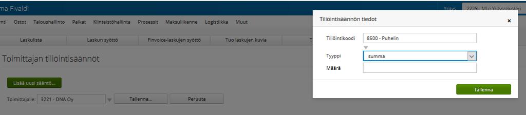 Painike tuo näkyviin Toimittajalle-valintakentän sekä Tallenna - ja Peruuta-painikkeet. Ensin valitaan toimittaja ja napsautetaan Tallenna-painiketta.