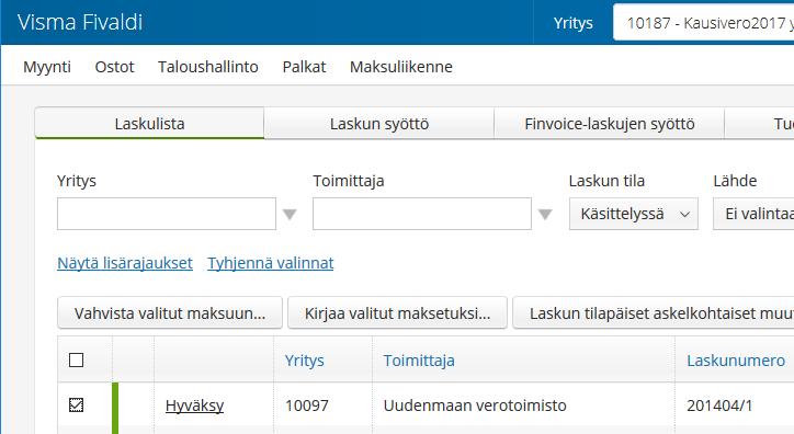 43(48) 5 Web-maksatus Yleistä Web-maksatus on Visma Fivaldin Web-puolen Ostolaskujen kierrätykseen luotu uusi maksatusominaisuus, jolla laskulistasta