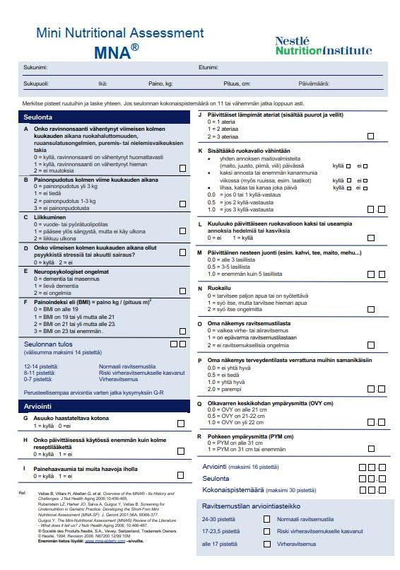 MNA Validoitu vajaaravitsemuksen tunnistamiseen ja ravitsemustilan arviointiin iäkkäille kehitetty menetelmä Voidaan käyttää sairaalassa, hoitolaitoksissa ja kotihoidossa Kaksiosainen: Alkuosa on