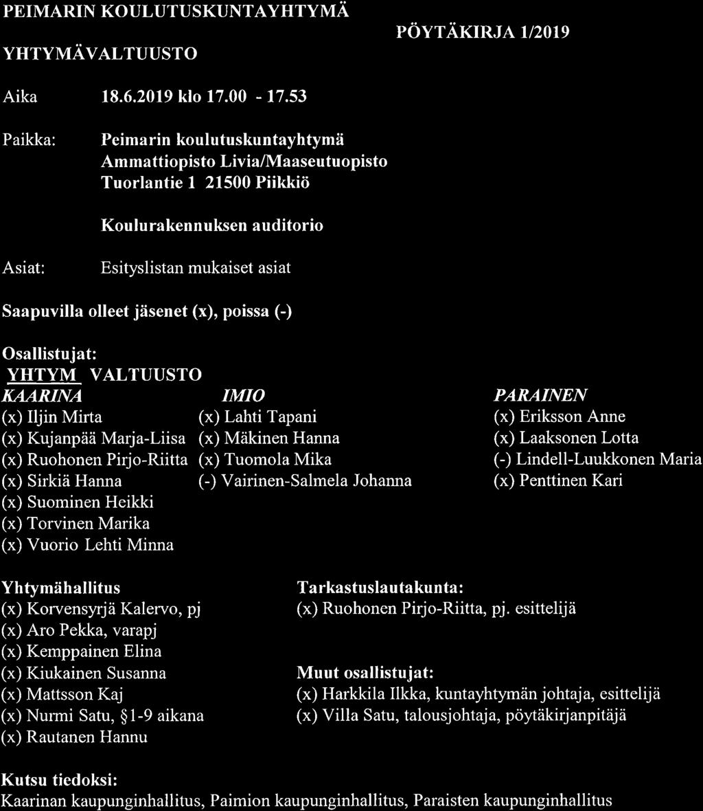 PEIMARIN KOULUTUSKUNTAYHTYMÄ YHTYMÄVALTUUSTO POYTAKIRJA 1/2019 Aika klo 17.00-17.