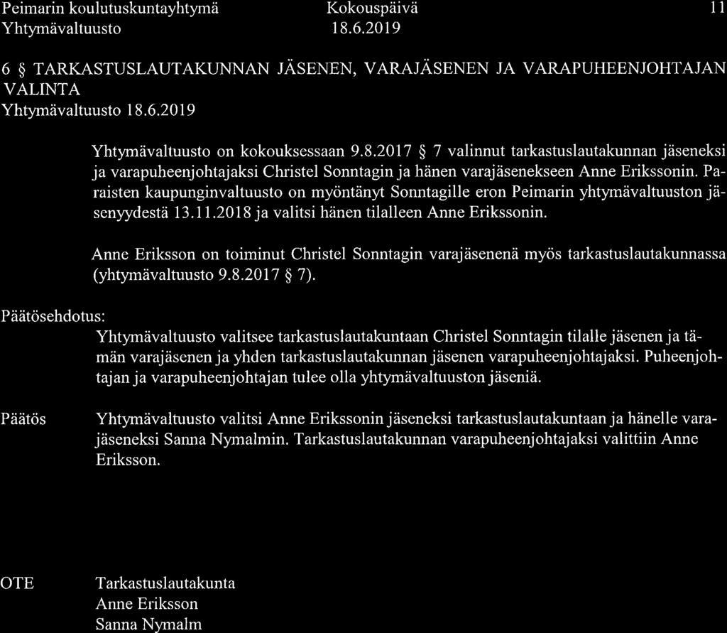 Peimarin koulutuskuntayhtymä Yhtymävaltuusto l1 6 $ TARKASTUSLAUTAKLTNNAN JASENEN, VARAJASENEN JA VARAPUHEENJOHTAJAN VALINTA Yhtymävaltuusto I 8.