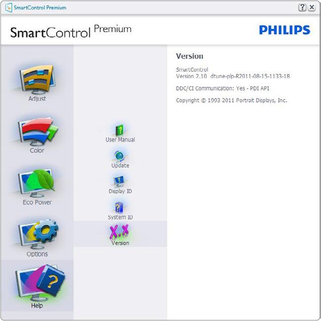 Context Menu (Tilannekohtaisessa valikossa) on neljä kohtaa: SmartControl Premium - Näyttää valittuna Tietoja tuotteesta-näytön Select Preset (Valitse Esiasetus) - Sisältää esiasetukset