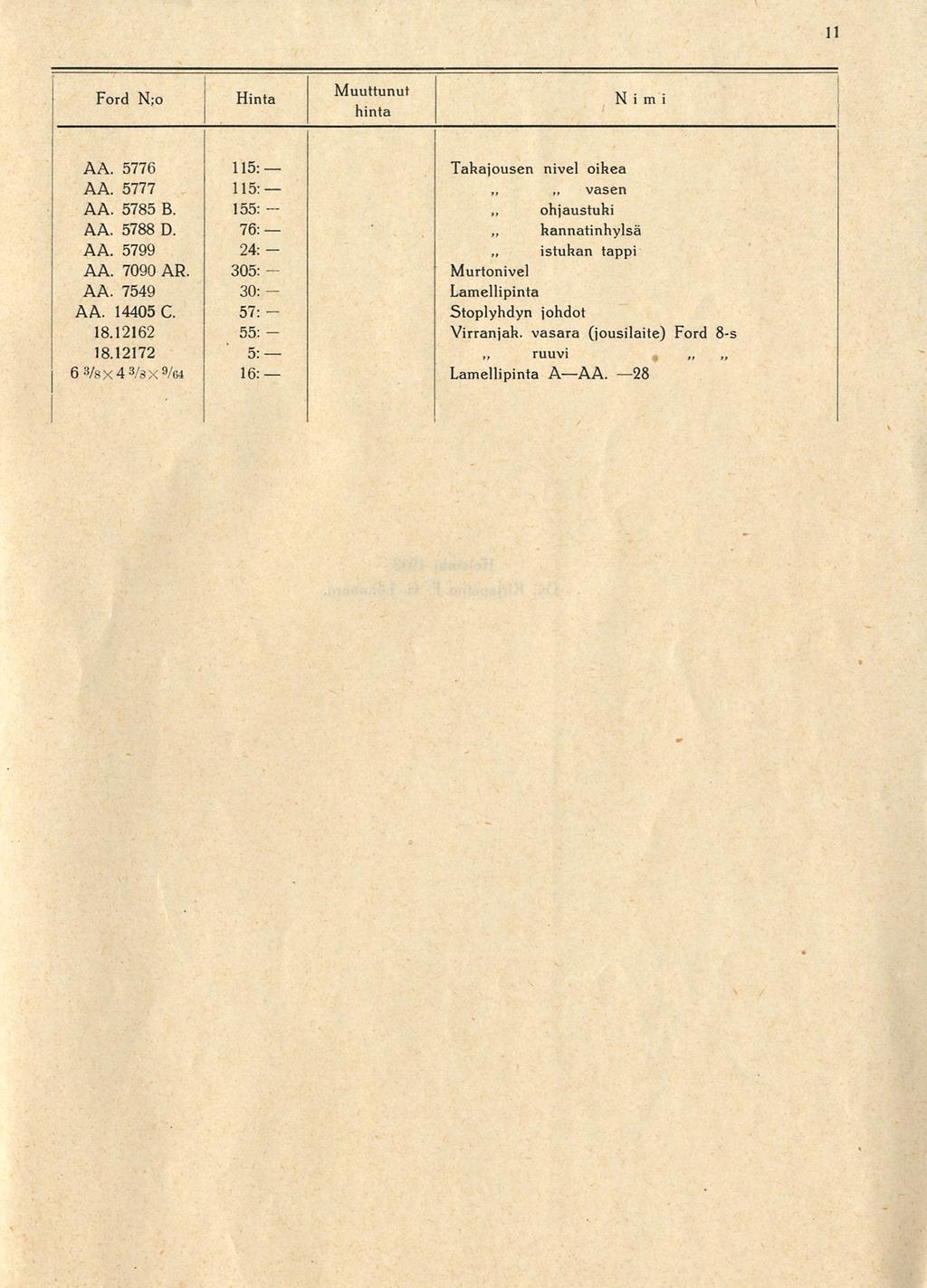 11 Ford N;o Hinta Nimi A 5776 A 5777 A 5785 B. A 5788 D. A 5799 A 7090 AR. A 7549 A 14405 C. 18.12162 18.