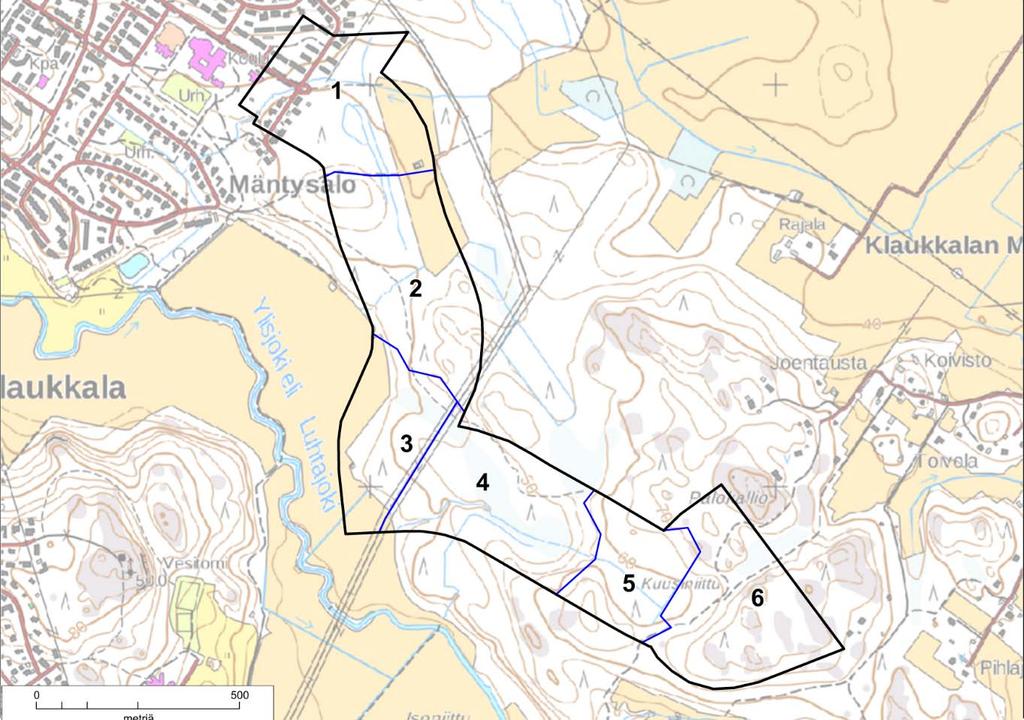 Kuva 2. Luhtajoentie Havumäentien selvitysalueen rajaus ja jako osa alueisiin 1 6. 3 TULOKSET 3.