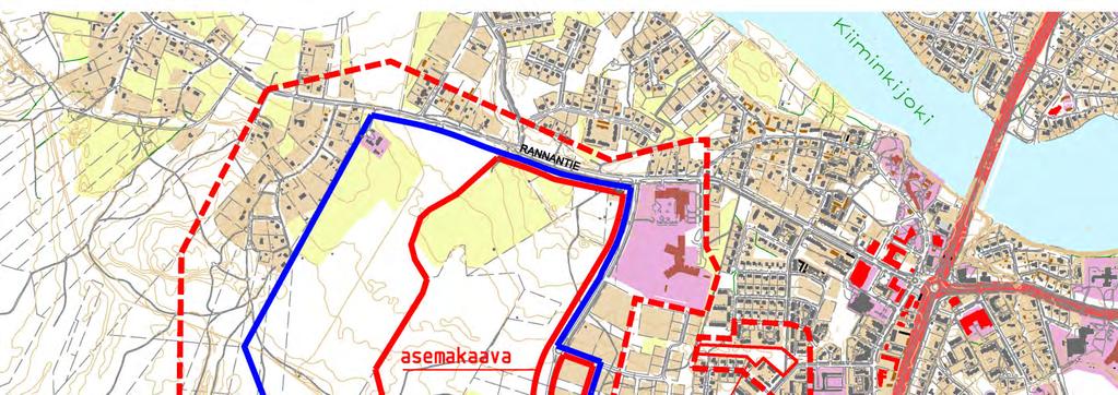 Kaavarunkoalue, arvioitu asemakaava-alue ja asemakaavan muutosalue. Alueiden lounais- ja länsireunojen rajaukset tarkentuvat työn kuluessa.