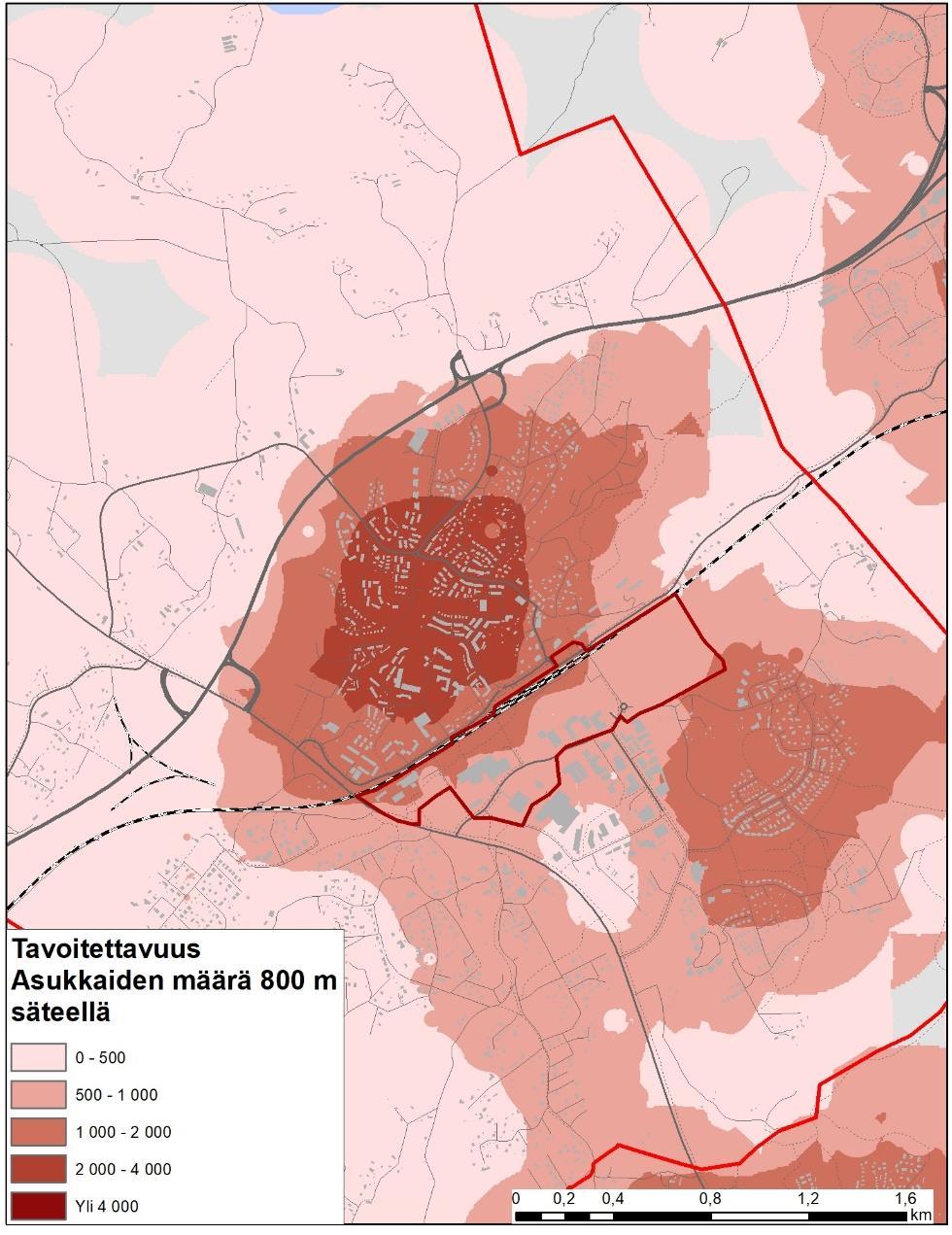 Seuraavassa kartassa esitetään Kauklahden eri alueiden tavoitettavuutta tieverkkoa pitkin laskettuna.