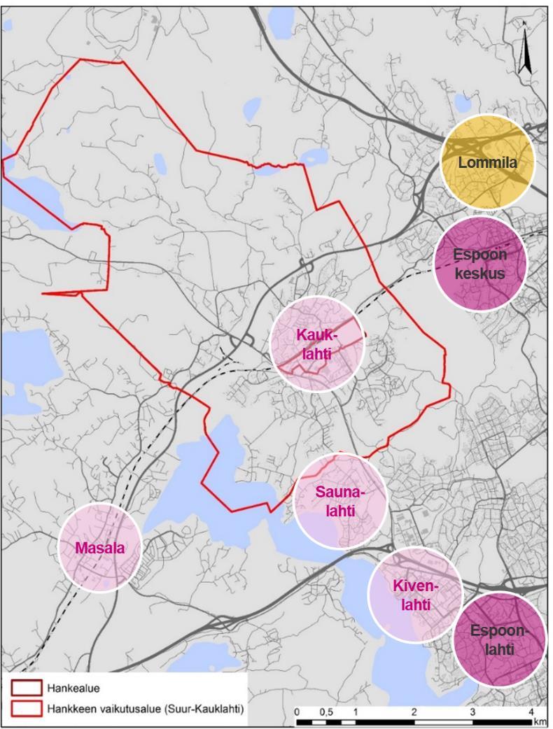 1.3 Kauklahden kaupallinen vaikutusalue Kauklahti sijaitsee Espoon länsiosassa Kirkkonummen rajalla. Lähimmät suuremmat keskukset ovat Espoon keskus ja Espoonlahti.