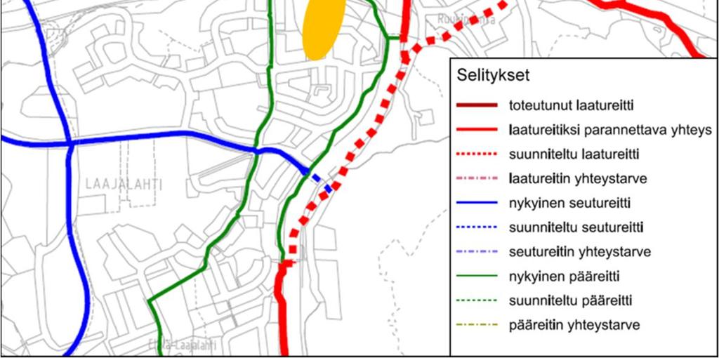 Julkinen liikenne Suunnittelualueen eteläpuolella olevalla Kurkijoentiellä liikennöivät linjat 106 (Kamppi - Tapiola - Laajalahti - Leppävaara), 212 (Kamppi - Meilahti - Laajalahti - Kauniainen) ja