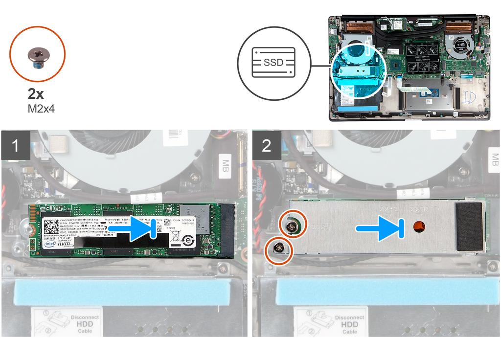 Kuvassa näytetään SSD-aseman sijainti ja havainnekuva sen asentamisesta. 1. Kohdista SSD-aseman kiinnike tarvittaessa niin, että M.2 2280 -asema mahtuu paikkaan. 2. Kohdista SSD-moduulin lovi SSD-asemapaikan kielekkeeseen.