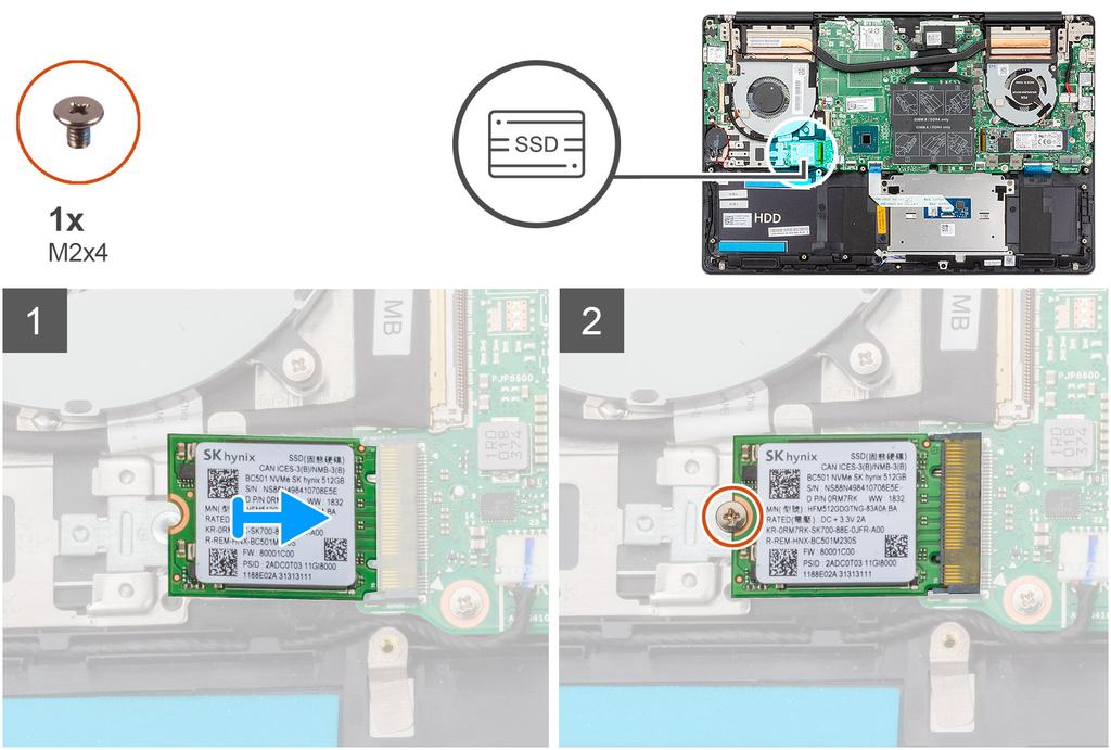 1. Kohdista SSD-aseman kiinnike tarvittaessa niin, että M.2 2230 -asema mahtuu paikkaan. 2. Kohdista SSD-moduulin lovi SSD-asemapaikan kielekkeeseen. 3. Työnnä SSD-moduuli vinosti SSD-asemapaikkaan.