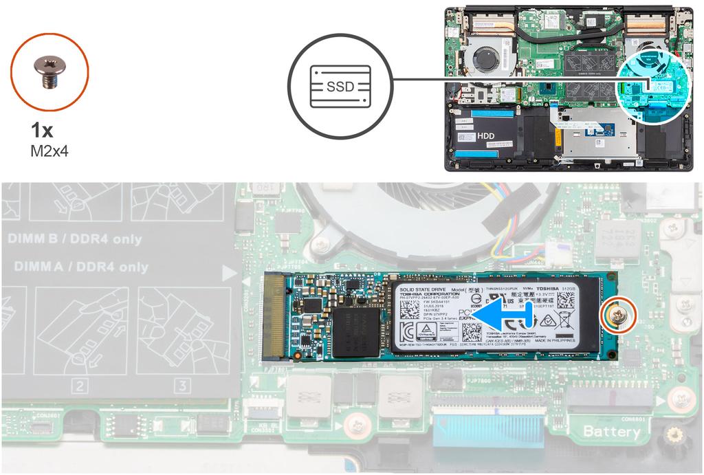 1. Irrota ruuvi (M2x4), joka kiinnittää SSD-aseman emolevyyn. 2. Vedä SSD-asema ulos emolevyn SSD-asemapaikasta. M.