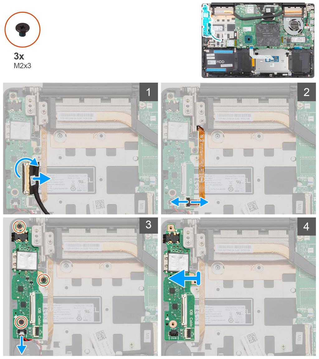 1. Avaa salpa ja irrota I/O-kortin kaapeli I/O-kortista. 2. Avaa salpa ja irrota sormenjälkitunnistimen kaapeli I/O-kortista. 3. Irrota nappipariston kaapeli I/O-kortista. 4.