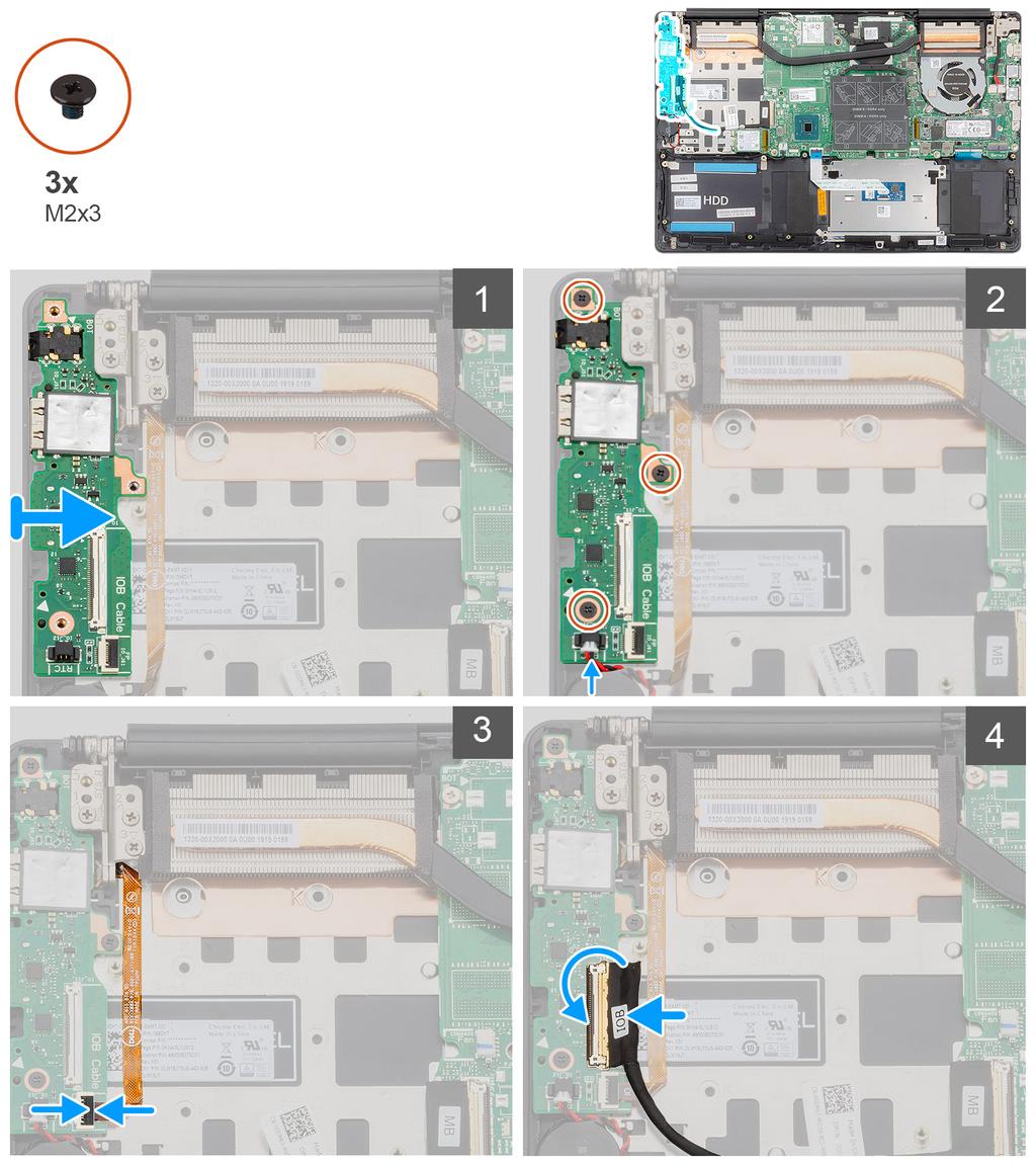 1. Aseta I/O-kortti kämmentuki- ja näppäimistökokoonpanoon. 2. Kohdista I/O-kortin ruuvinreiät kämmentuki- ja näppäimistökokoonpanon ruuvinreikien kanssa. 3.