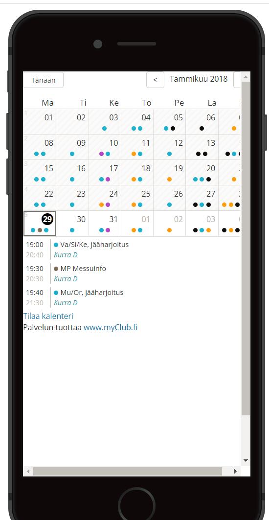 Kalenterinäkymä mobiililaitteessa Tällä hetkellä viikko- ja kuukausinäkymä selventävine teksteineen on käytettävissä vain laitteilla joiden leveys on vähintään 680 px (eli käytännössä tabletilla tai