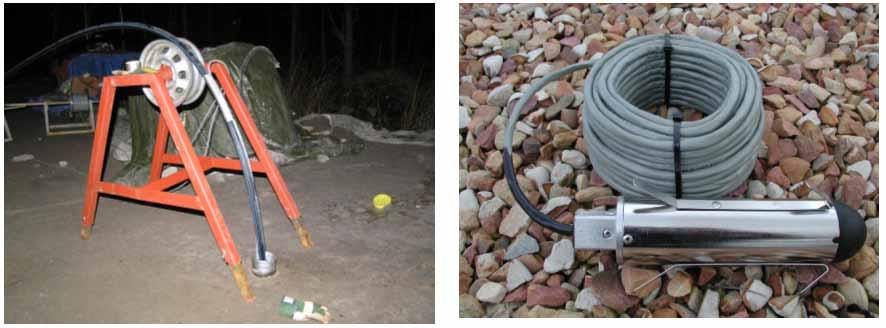 12 Figure 2-8. Installation of borehole sensors (left). Sensors cables are taped on the black grouting tube. Borehole sensor G14 (right).