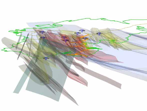 15 Figure 2-10. Upgraded lithological model (Paulamäki et al. 2006) of the Olkiluoto site (Jdi presentation). A bird eye view from SW.
