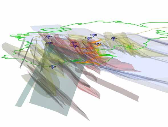 15 Figure 2-10. Upgraded lithological model (Paulamäki et al. 2006) of the Olkiluoto site (Jdi presentation). A bird eye view from SW.