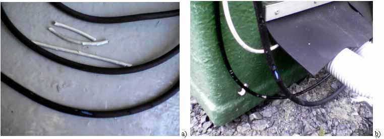 20 Figure 2-11. Cable failures in OL-OS1 in June 2006. a) Pieces of the bitten GPS cable (white) and an example of bites in a power cable (black).