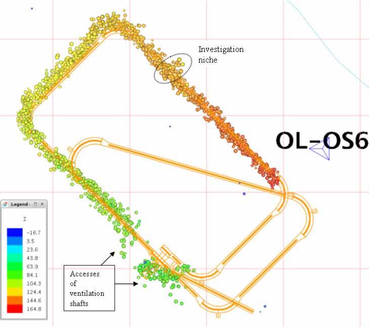 30 Figure 4-4. The located explosions of the ONKALO are. The size of sphere is relative to magnitude. Distance between gridlines is 100 m.