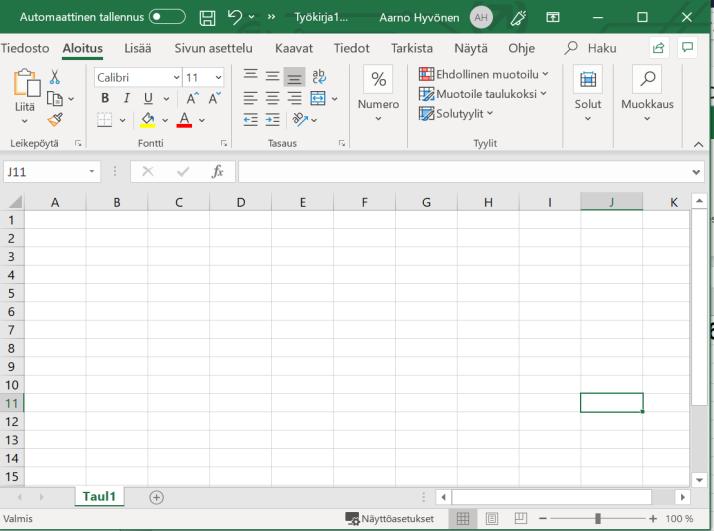 EXCEL -OHJELMAN PERUSOHJEITA Office 2016/ o365 Ohjelman käynnistys Kirjoita hakusanaksi exc ja klikkaa Excle-kuvaketta Peruskäsitteet Ikkunan säätöpainikkeet pienennä, palauta/suurenna, sulje
