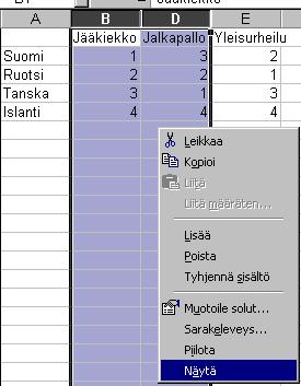 piilota piilotettu sarake/rivi on 2. napsauta hiiren 2. painikkella 3.