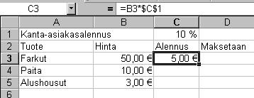 (C5:E5) (C6:E6) Suora viittaus Alennusprosentti on solu johon kaikkien kaavojen pitäisi viitata, siksi se täytyy lukita ennen kopiointia Viitaus hintaan sen sijaan