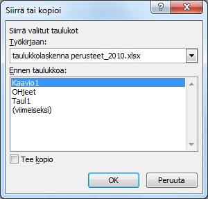 taulukkovalitsimesta *vedä hiirellä uuteen paikkaan Kopiointi saman työkirjan sisällä *valitse taulukko jonka halut kopioida taulukonvalitsimesta *pidä ctrl-pohjassa ja vedä hiirellä