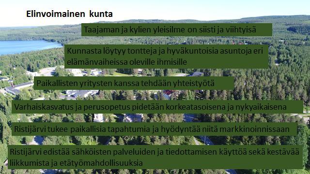 Visio: Koti keskellä kaunista Kainuuta! Tavoitteet/päämäärät: 1. Elinvoimainen ja kehittyvä maaseutukunta 2. Hyvinvoiva kuntalainen 1. Taajaman ja kylien yleisilme on siisti ja viihtyisä. 2. Kunnasta löytyy tontteja ja hyväkuntoisia asuntoja eri elämänvaiheissa oleville ihmisille.