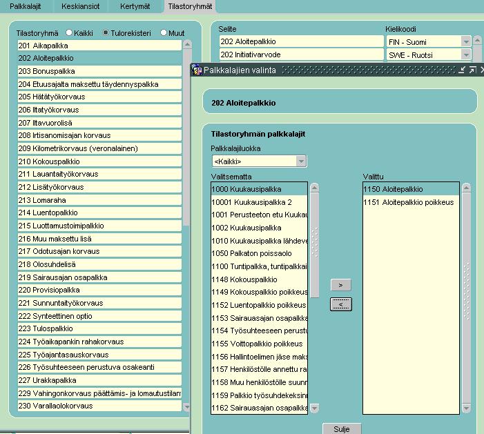 3) Käydään läpi vakuutuspalkkalajien (Työeläkevakuutus, Sairausvakuutus, Työttömyysvakuutus ja Työtapaturma- ja ammattitautivakuutus) prosentin perusteen määritykset a) Tulolaji on oletuksena