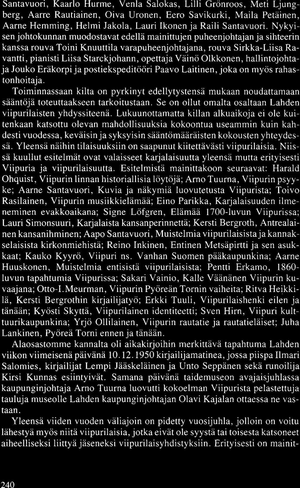 Santavuori, Kaarlo Hurme, Venla Salokas, Lilli Grönroos, Meti Ljungberg, Aarre Rautiainen, Oiva Uronen, Eero Savikurki, Maila Petäinen, Aarne Hemming, Helmi Jakola, Lauri Ikonen ja Raili Santavuori.