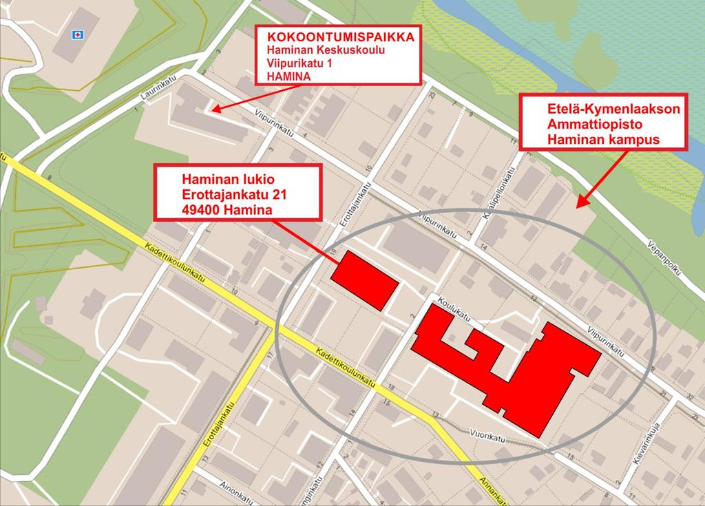 4. Ekamin toimipisteiden osoitteet, kokoontumispaikat ja asemakuvat Haminan Kampus, Erottajankatu 21, 49400 Hamina: Kokoontumispaikka sijaitsee Viipurinkadun