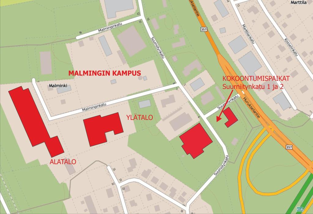 Malmingin kampus, Malminginkatu 6-8, 48600 Kotka: Evakuointitilanteessa siirrytään ensin talojen välissä olevalle pysäköintipaikalle ja siitä siirrytään