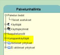 Kumppanikäyttäjästä näytetään näkymän oikean puolen yläosassa kentät Yritys ja Lisätieto. Näkymän alaosassa eri tietovirroista näkyvät ne tietovirrat, joihin annettu palvelunhallinnassa oikeudet.