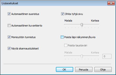 Skannaaminen käyttäen ohjauspaneelia Asetus Kuvaus Toiminto Kuva Tekstintunnistuposti Sähkö- Tiedosto Muovikorttitila Skannaa kortteja, kuten ajokortteja tai vakuutuskortteja, Kyllä käyttämällä näitä